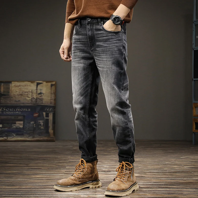 Fashion Vintage Men Jeans Black Gray High Quality Elastic Slim Fit Ripped Jeans Men Casual Trousers Retro Designer Pants Hombre