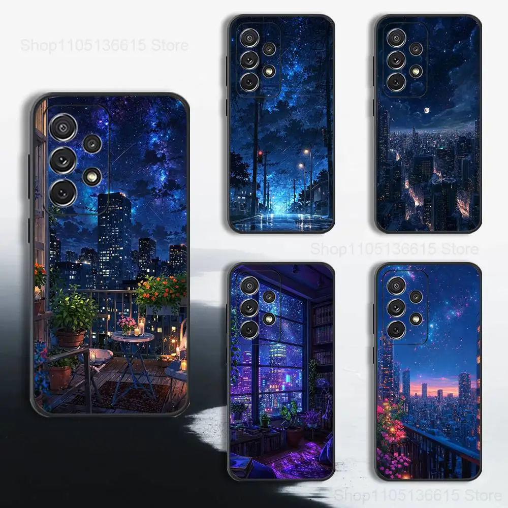 Capa de telefone com visão noturna de desenho animado azul para Samsung S25, S24, S23, S22, S21, S20, S10, S9, Ultra, Plus, Lite, FE, capa preta de silicone macio