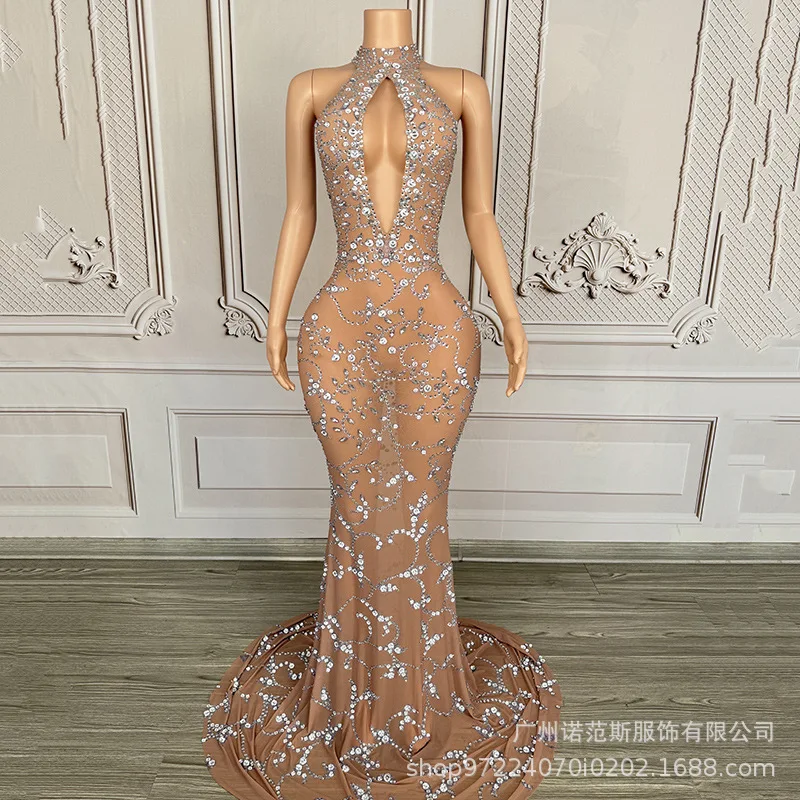 Glam Neck Luxury Silver Diamond Trailing Dress Adult Model Catwalk Trendy Clothing Annual Meeting Host Dress Luxury Prom Dresses
