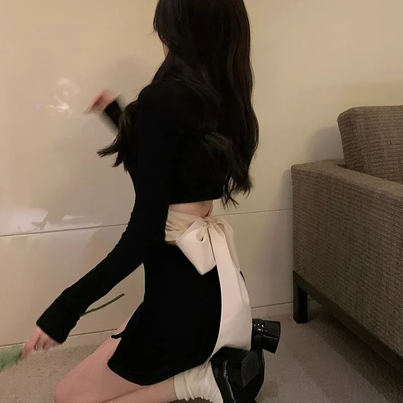 Sexy Black Mini Dress Women Off Shoulder Pure Slit Bow Hollow Out Design Skinny Irregular Attractive Ulzzang Girls Aesthetic