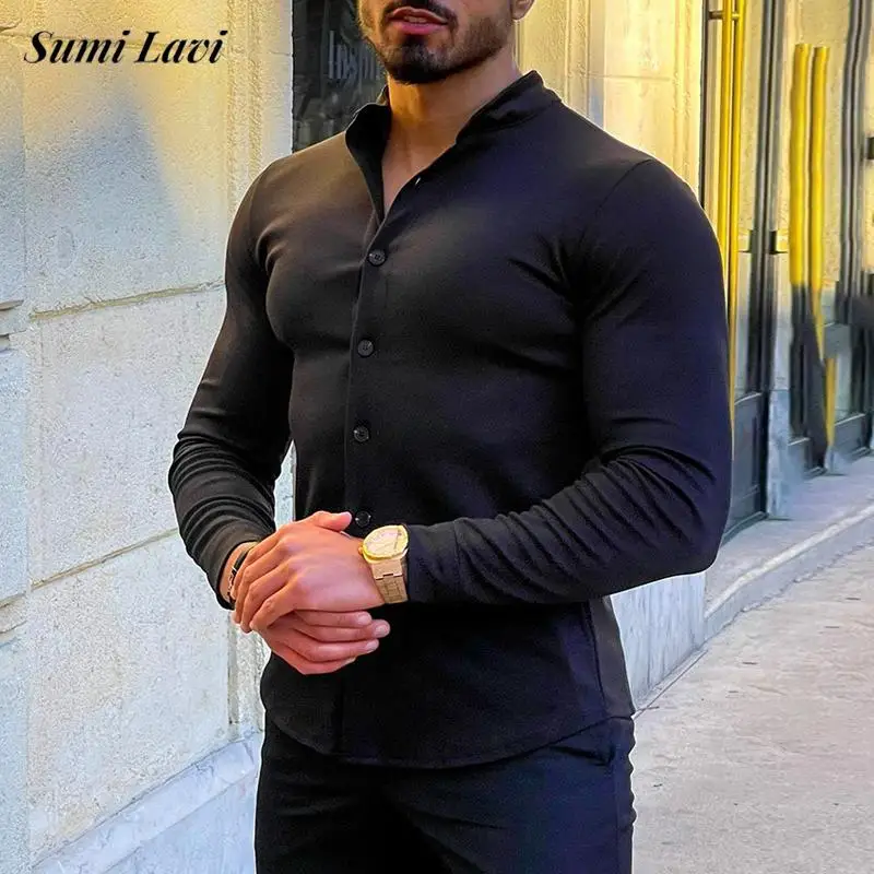 

2026 Spring Autumn Casual Mens Slim Shirts Vintage Turn-down Collar Buttoned Long Sleeve Shirt Men Fashion Solid Color Cardigan