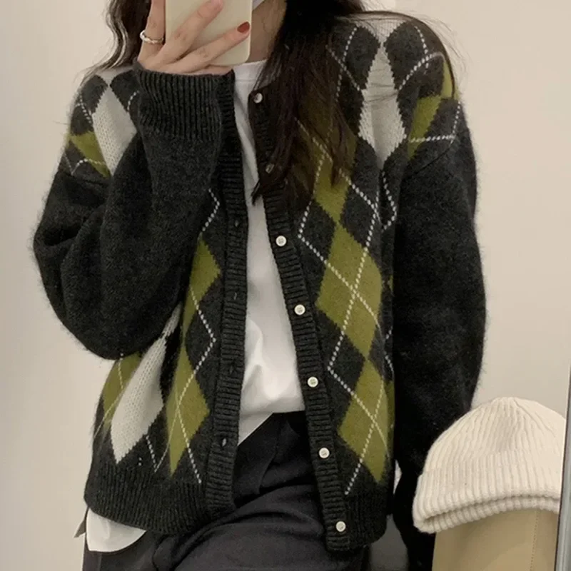 TPJB New Women Plaid Knitted Cardigan Korean Fashion Preppy Style Vintage Casual Checked Sweaters Female Harajuku Gray Knitwears