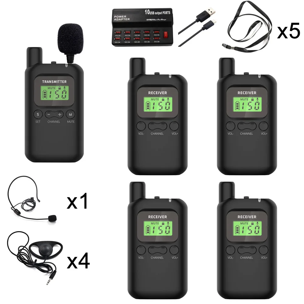 Wireless Whisper Audio Guide System 1 Tansmitter with 2 Microphones 4 Receivers 1 Charger for Tour Guide lnterpretation Teaching