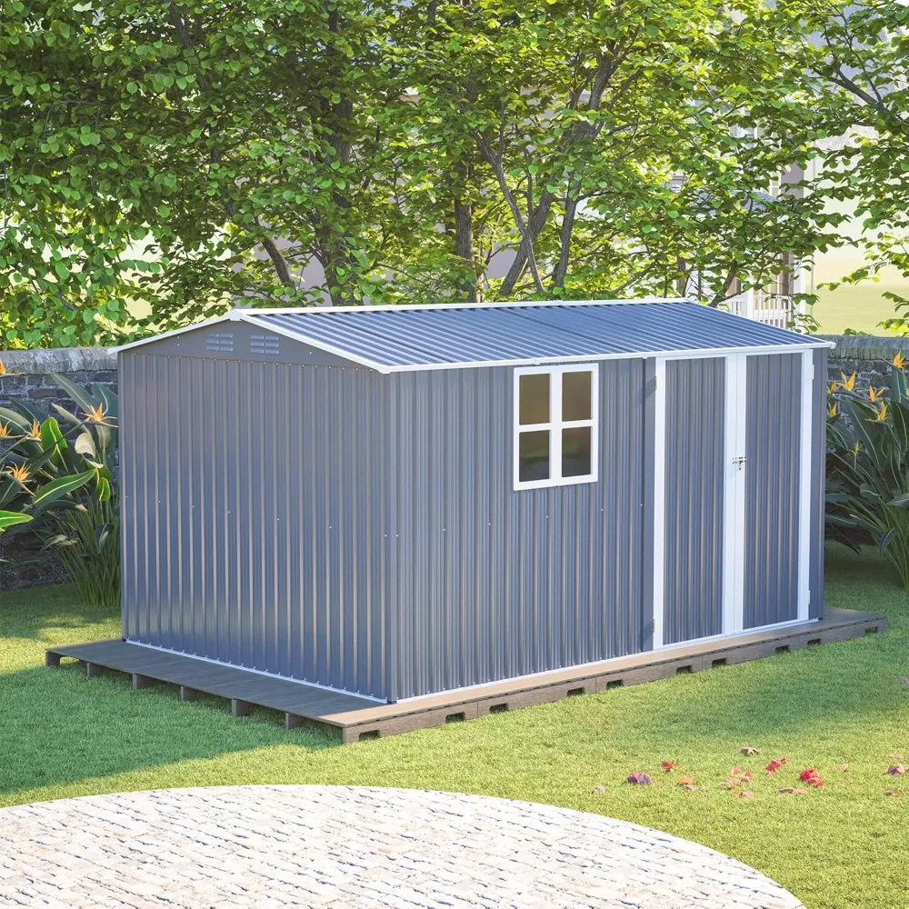 

Outdoor Storage Shed, 8x12 Feet Heavy-duty Steel Structure Shed with Ventilation Openings, Windows and Hinged Doors