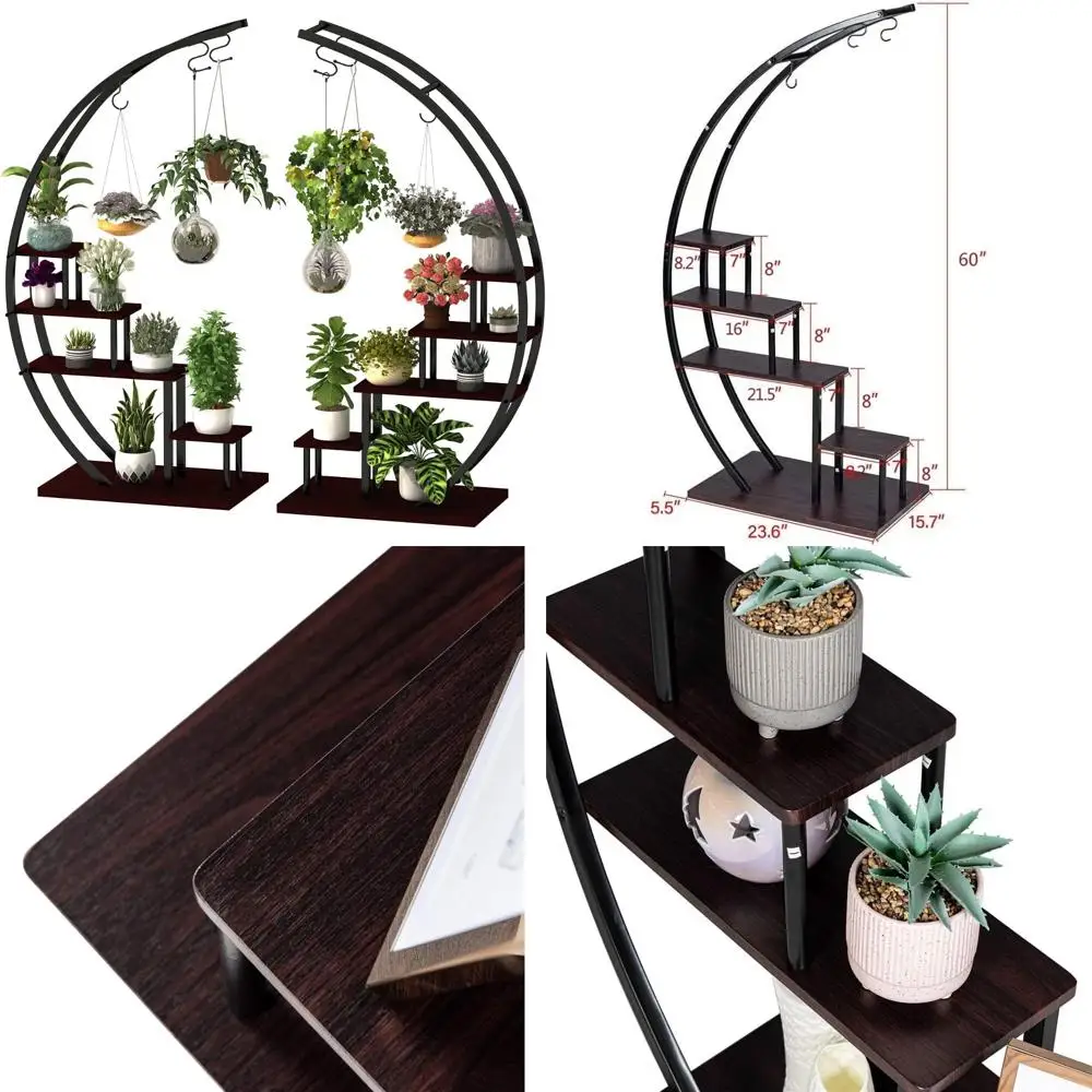 

Metal 5-Tier Half Moon Ladder Plant Stand for Home, Patio, Lawn, and Garden - Creative Flower Pot Rack Holder