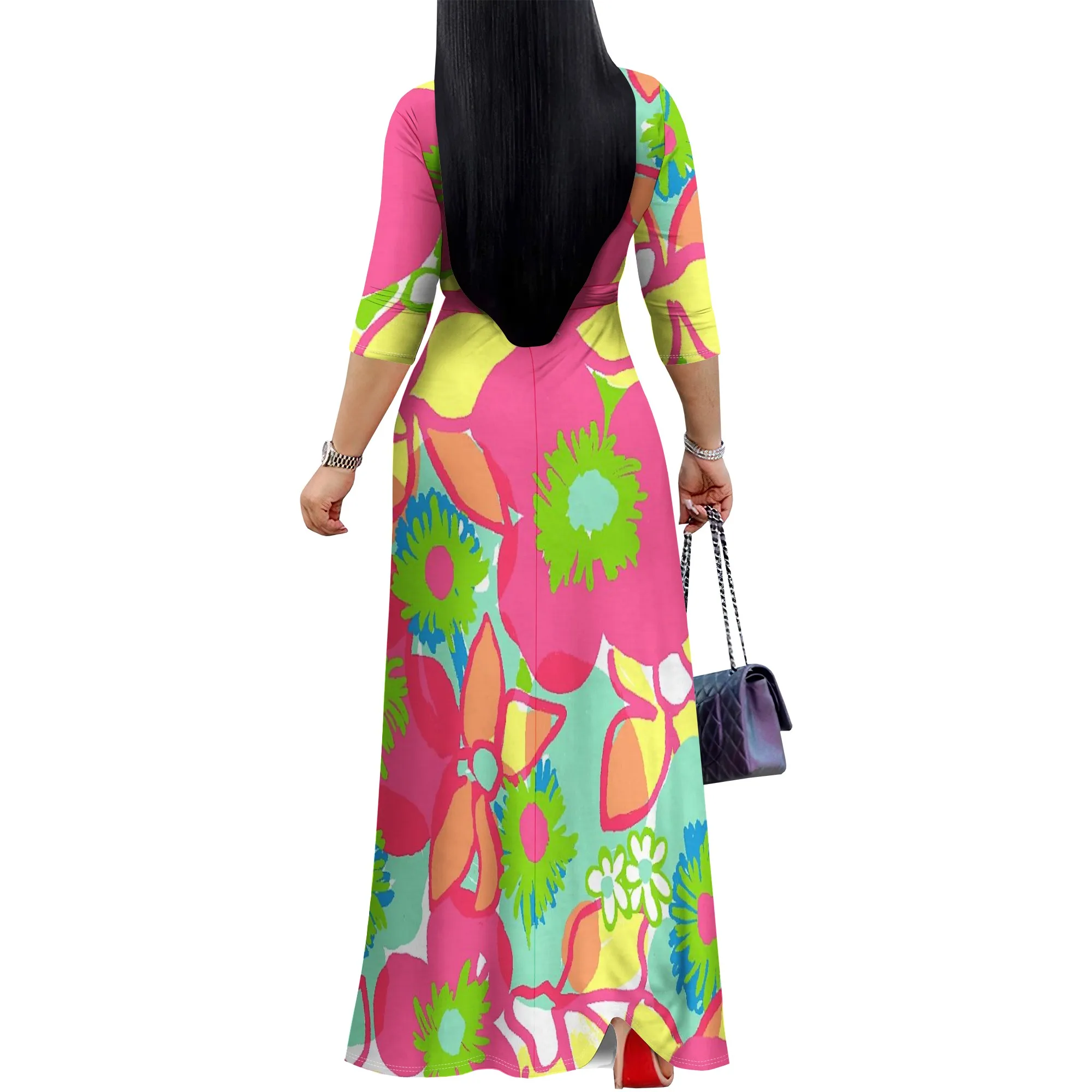 Bright Floral Print V-Neck Maxi Dress for Women - Elegant 3/4 Sleeve Belted A-Line Flowy Summer Beach Party Dresses S-3XL