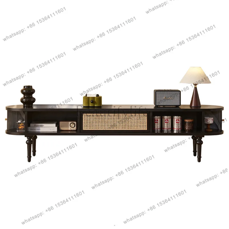 

Solid wood TV cabinet rattan small apartment Nordic tall creative slide cabinet storage