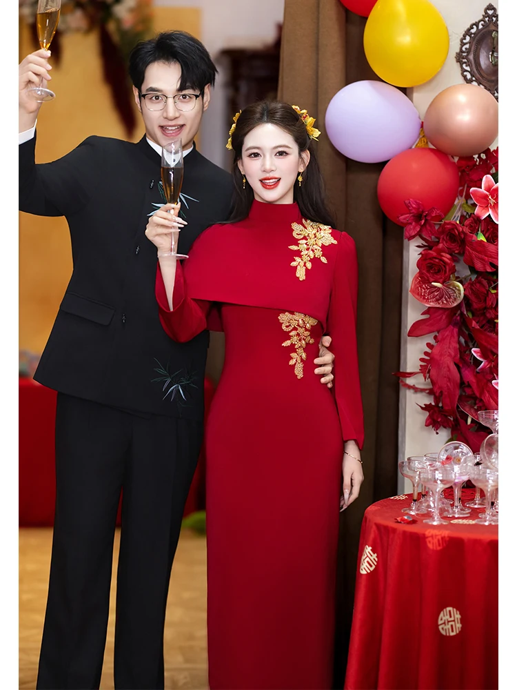 

Red Long Sve Wedding Dr Ele awl Engagement Ceremony Dr for ort Brides Mid-Length Skirt