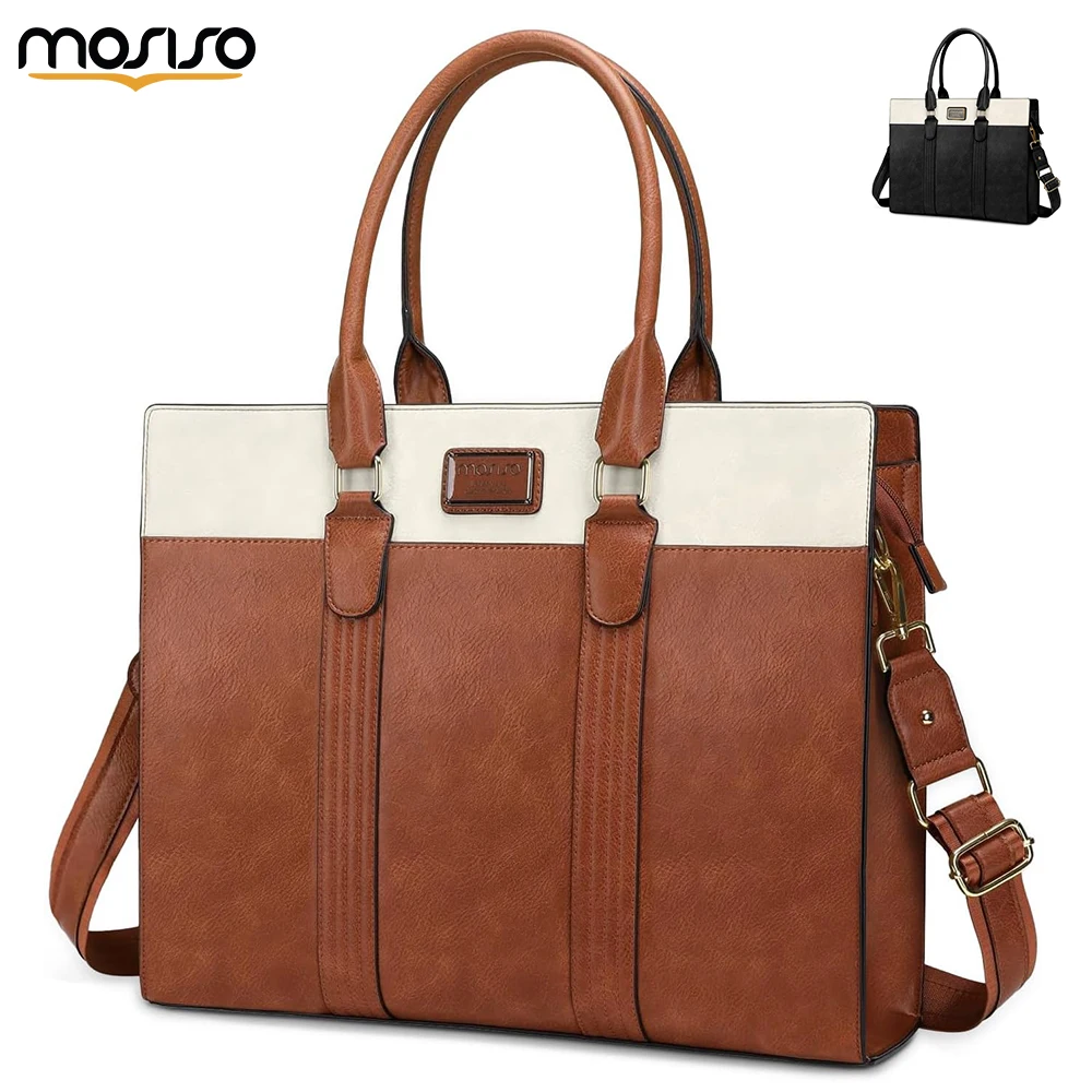 

MOSISO PU Leather Laptop Tote 15.6-16 inch Large Capacity Double Vertical Stripes Computer Briefcase Waterproof Bag for Office