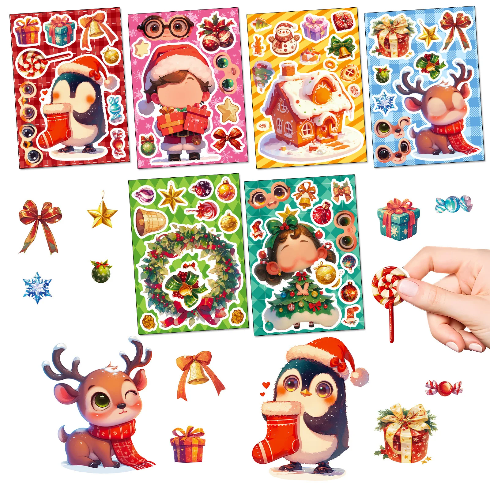 6 pieces/set cartoon Christmas face-changing stickers, holiday puzzle stickers, Christmas decoration stickers, puzzle stickers