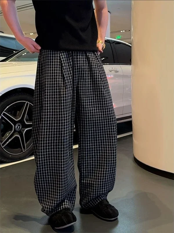 

Black Bubble Cloth Plaid Wide Leg Pants Men Summer Trendy High-End Loose Straight Casual Trousers Comfortable Breathable Poly...