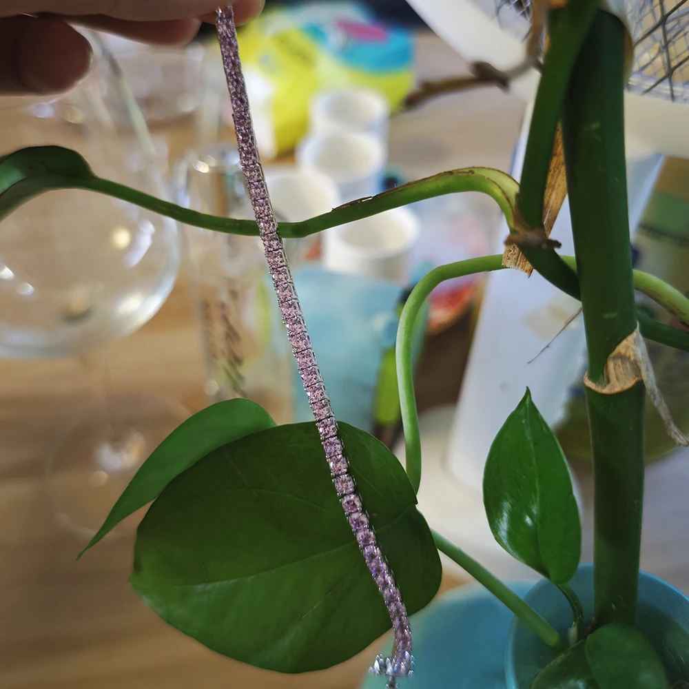 Real 925 Sterling Silver Tennis Bracelet – 3mm Round Pink Cubic Zirconia, Pave Shiny, 16/17/18cm Fine Jewelry for Women