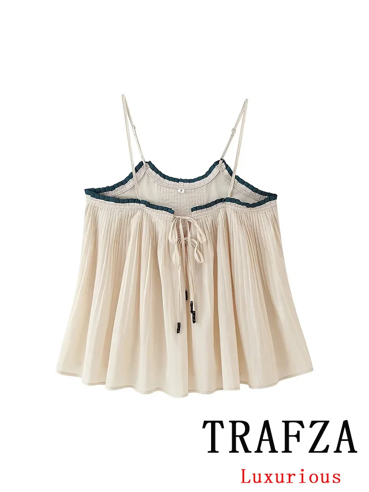 

TRAFZA Casual Chic Women Tops Solid Cami Sleeveless Lace-up Folds Loose Vest Fashion 2025 Autumn Holiday Female Draped Vest
