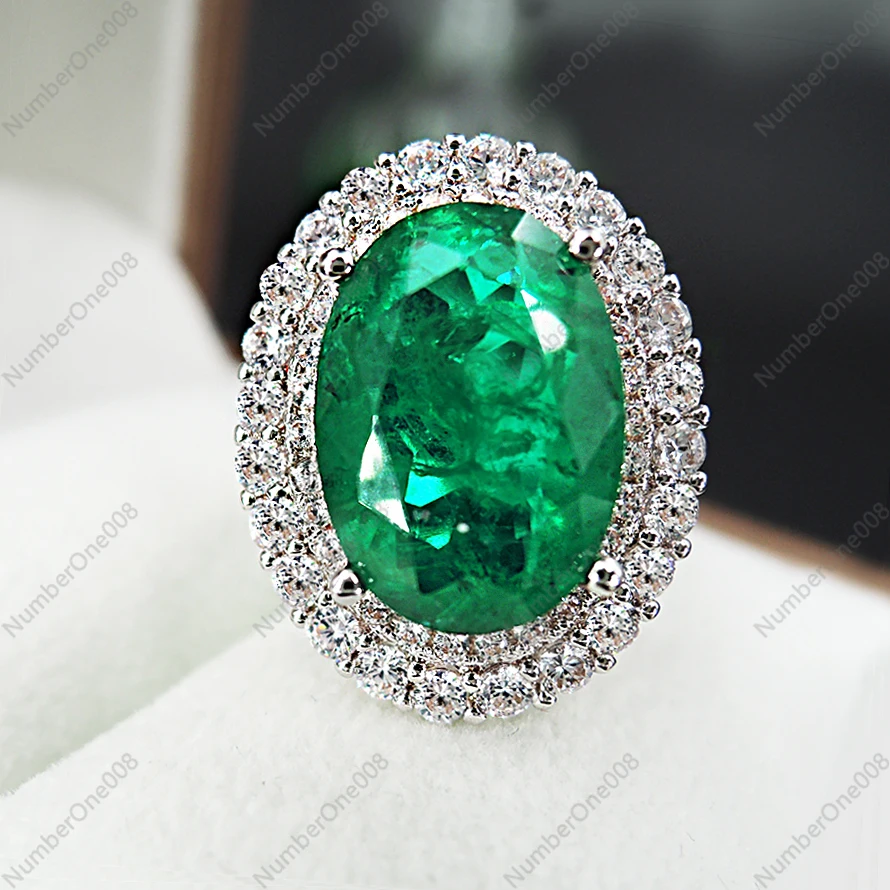 Huge Beauty! Seiko Inlaid Oval Egg-shaped Simulated Emerald Ring Women's Diamond-set Luxury Live Adjustable Exaggerated Food