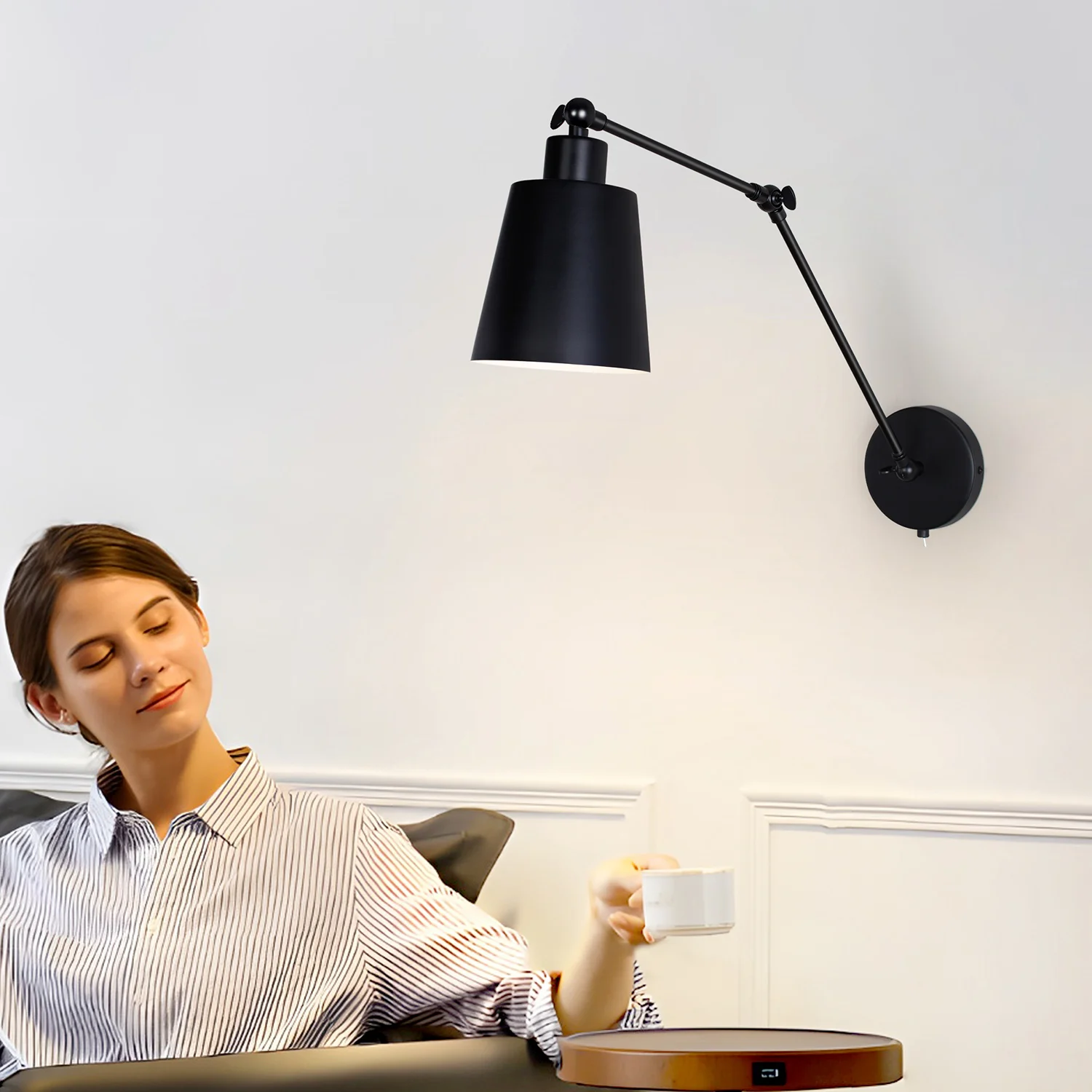 Swivelling Arm Wall Lights with Switch, Wall Scone Wall Sconce Lighting Fixture (Includes Bulb), Bedside Lamp with Cone Lampshad