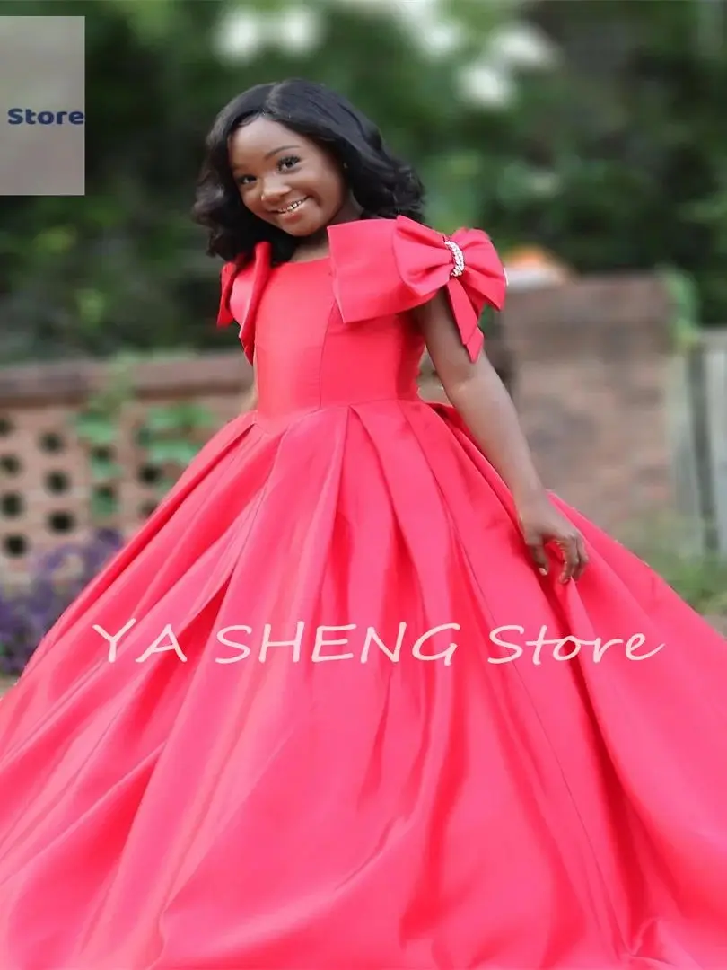 ثوب حفلة ثنيات دوقة من الساتان للأطفال الصغار لعيد الميلاد على شكل زهرة للفتيات فستان بفيونكة وجيب للحفلات الرسمية للأطفال المراهقين المائي