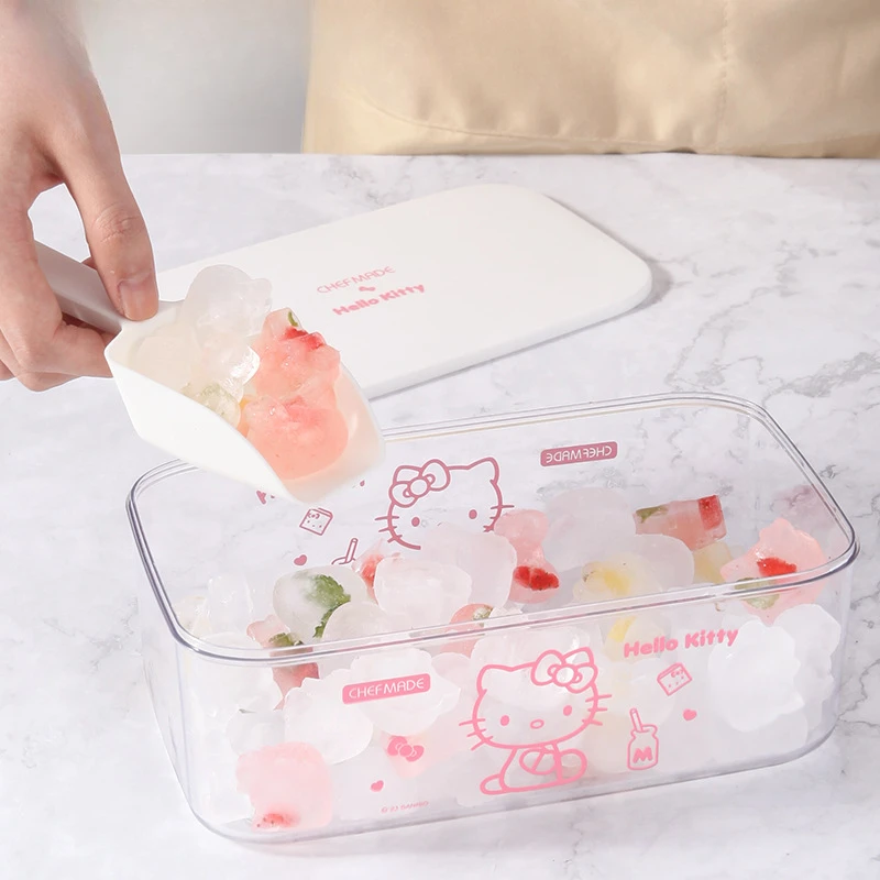 Sanrio-Molde de cubitos de hielo de Hello Kitty, bandeja de hielo de grado alimenticio de prensa de Gel de sílice, refrigerador doméstico, caja de almacenamiento de fabricación de hielo, regalo de amigo