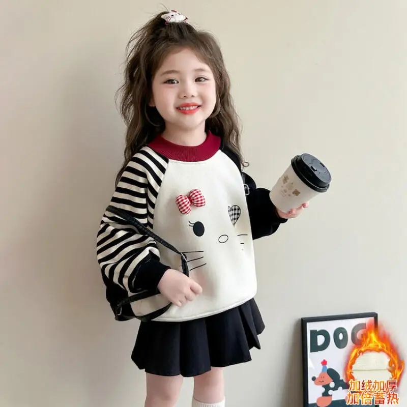 

Осенняя толстая бархатная толстовка с капюшоном для девочек в стиле аниме «Hello Kitty», модная детская одежда, утепленный цельный бархатный топ, пуловер с героями мультфильмов