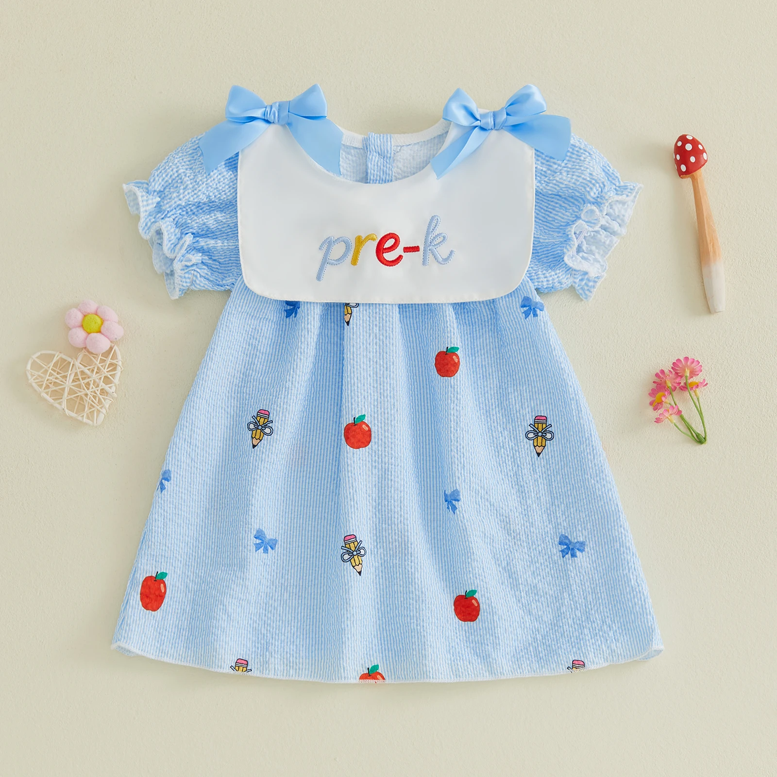 2-5Y Kids Girl Casual Dress Short Sleeve Crew Neck Stripes Embroidery Summer School Dress Clothes