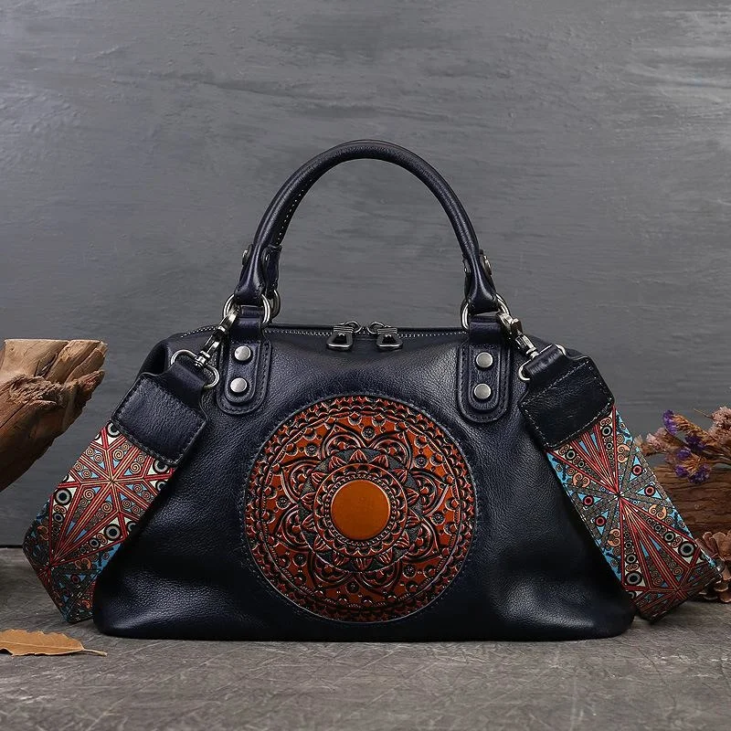 

Retro Handmade Women Handbag For Ladies Genuine Leather Should Bags Bohemian Style Soft Cow Boston 2024 Luxury Handbags