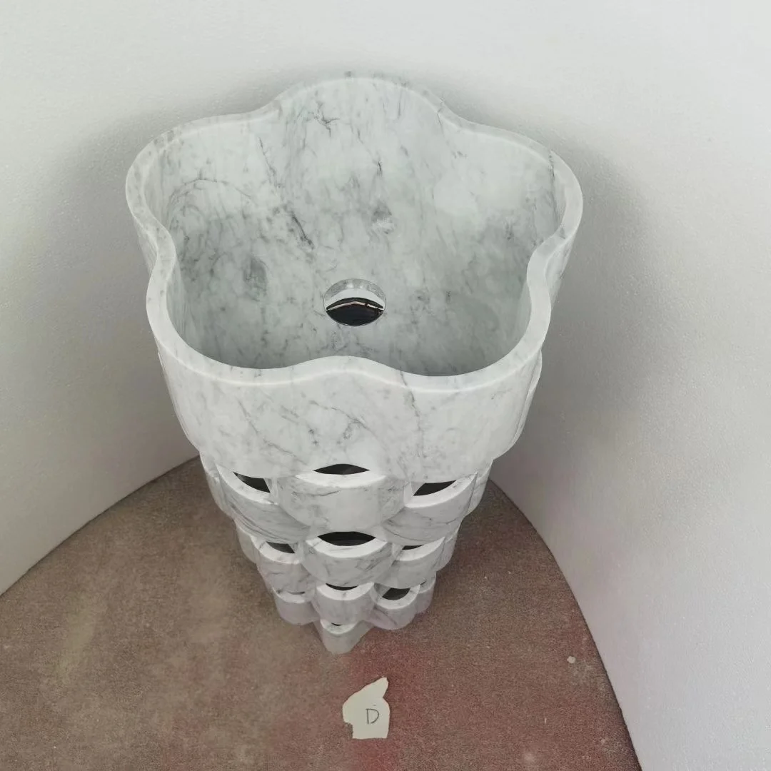S*& New Arrival Unique Design Italian Carrara White Marble Basin Standing Basin Stone Sink Artistic Design Marble Pedestal Basin