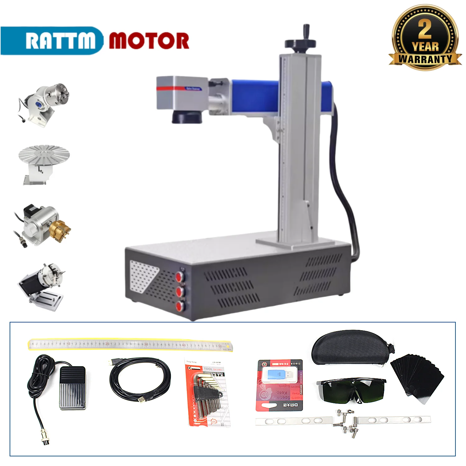 Máquina de marcação a laser de fibra 20w-100w, metal, aço inoxidável, ouro, prata, joias, gravação, software bsl ezcad com eixo rotativo