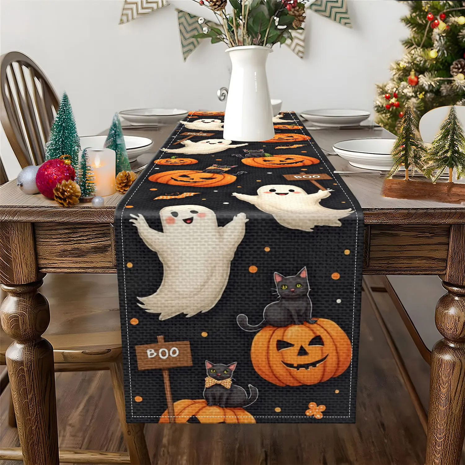 1 Halloween-Themed Table Runner with Patterns Such as Pumpkins, Ghosts, and Black Cats, Suitable for Halloween Parties, Holiday Home Decorations, and Other Occasions