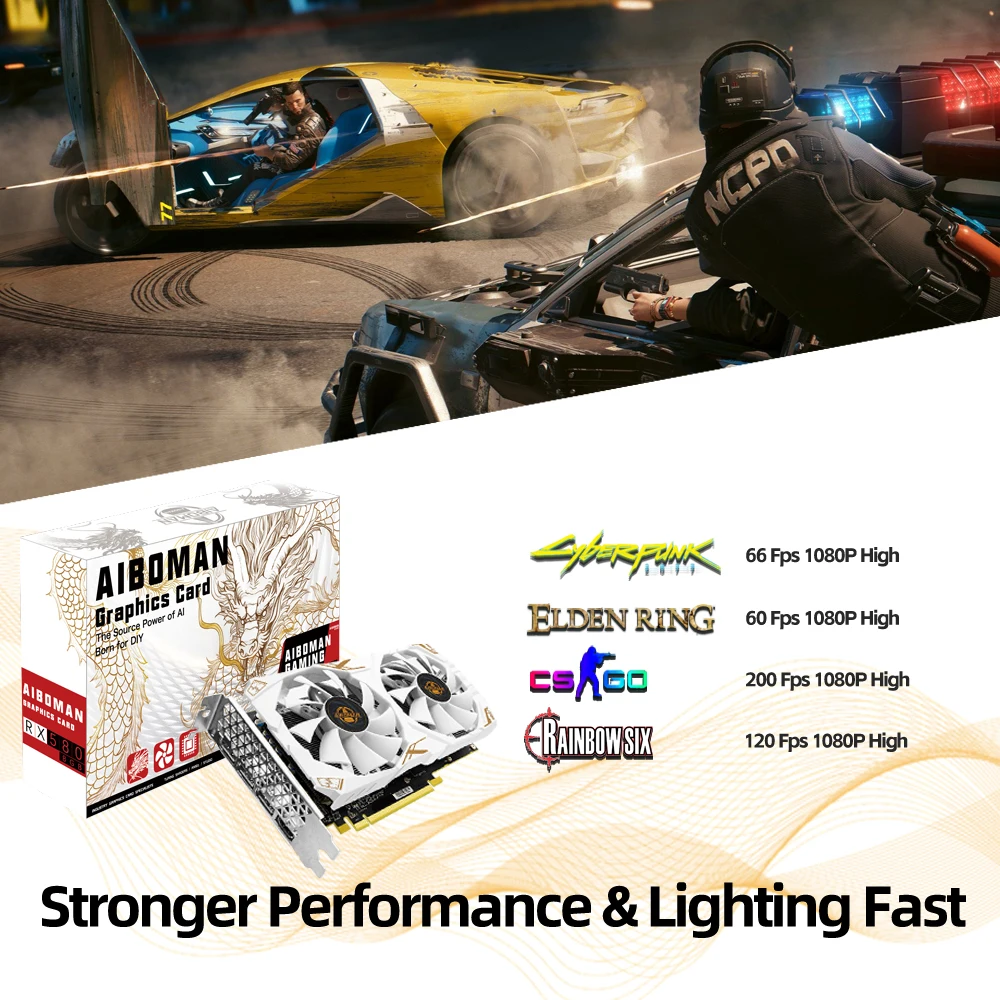 بطاقة فيديو AIBOMAN AMD RX580 8GB بطاقة الرسومات GDDR5 256Bit 2048SP Dragon Series بطاقات فيديو الألعاب مكون الكمبيوتر المكتبي