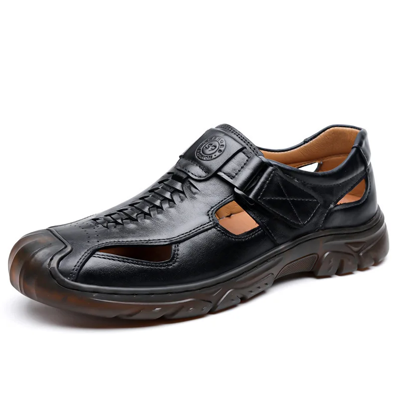 Men Faux Leather Sandals 2026 Summer New Magic Tape Hollow Out Breathable Hole Shoes Trend Non Slip Casual Men Leather Sandals