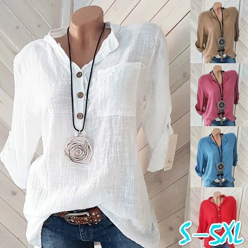 

Elegant women's long sleeve shirts pullover Blouse 2025 spring/summer new item V-neck pocket shirt tops mujer blusa feminina