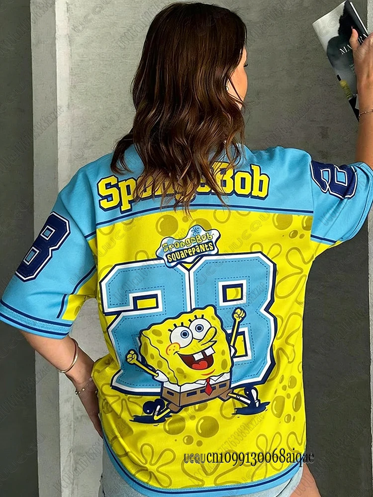 Cartoon SpongeBob Print T-shirts For Women Summer V-Neck Patchwork Short Sleeve Sports Football Jersey Y2K Loose Oversized Tops image 5