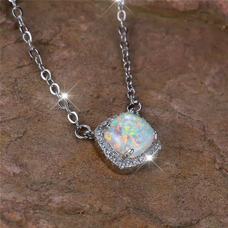 Charm Female White Opal Stone Pendant Necklace Vintage Silver Color Wedding Jewelry Gift For Women