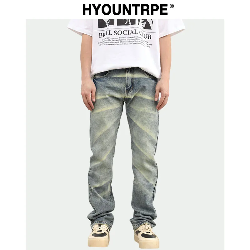 Retro Striped Washed Denim Jeans Flare Pants Unisex Hip Hop Fashion Streetwear Harajuku Loose Straight Y2k Men's Jeans Joggers