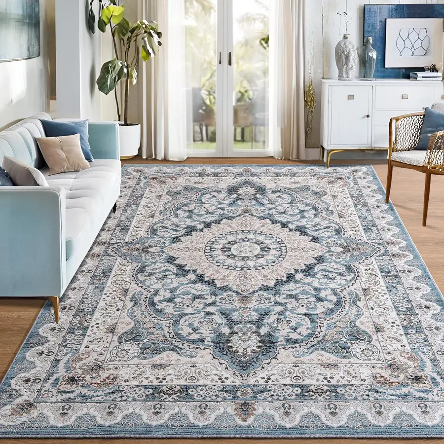 

6x9 Area Rugs for Living Room, Machine Washable Vintage Rug, NonSlip Low Pile Throw Rugs with Rubber Backing Washable Carpet for