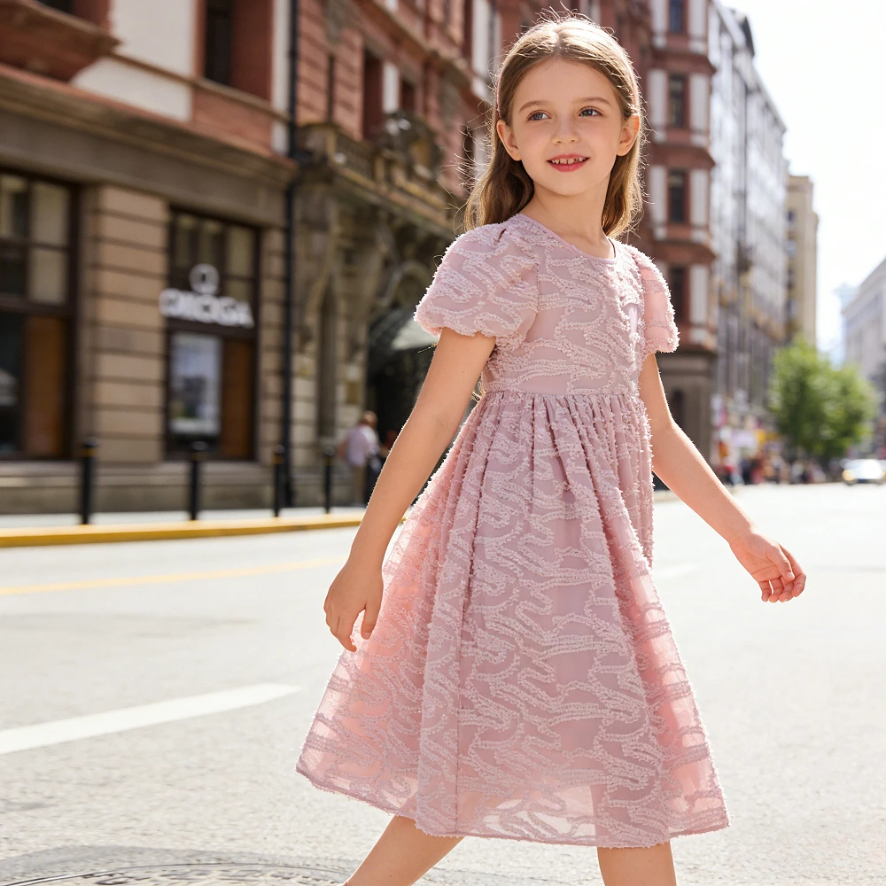

Girls Elegant Sweet Midi Dress Dusty Pink Puff Sleeve Textured Jacquard Fabric High Waist Kids Party Wedding Casual Daily Dress