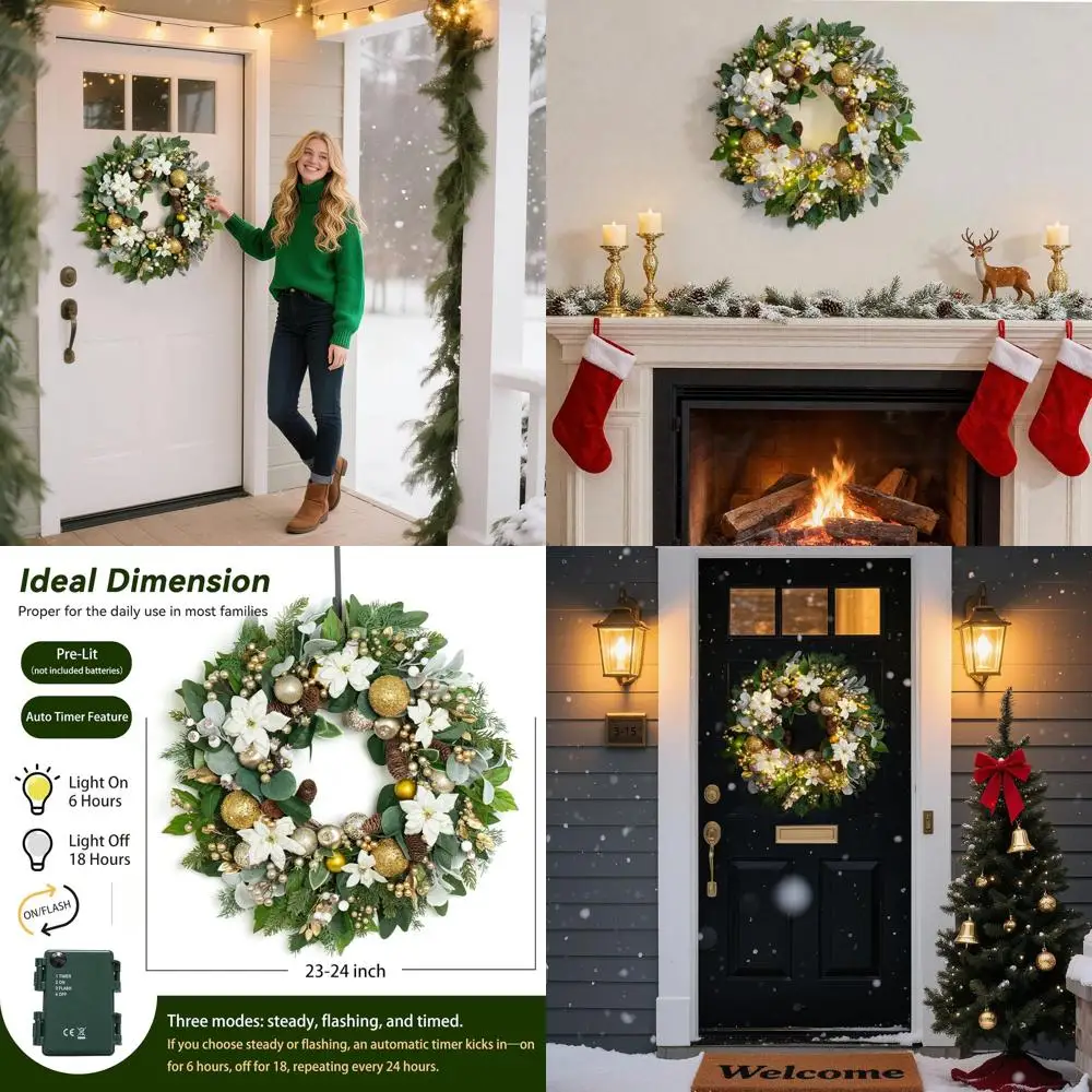 

24 Pre-lit Christmas Wreath with White Blossoms, Gold Decor, Pine Cones & Berries for Indoor/Outdoor Use