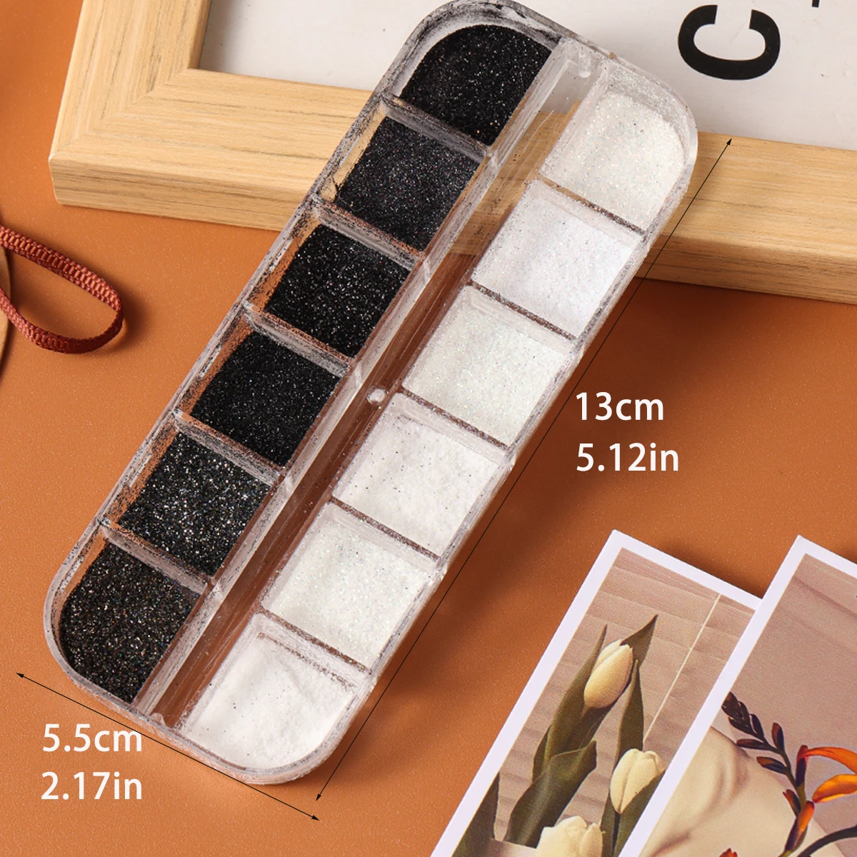 12 شبكة لامعة بيضاء سوداء السكر مسحوق بريق الأظافر تألق السكر الغبار الصباغ لتزيين الأظافر رقائق السكر الكروم