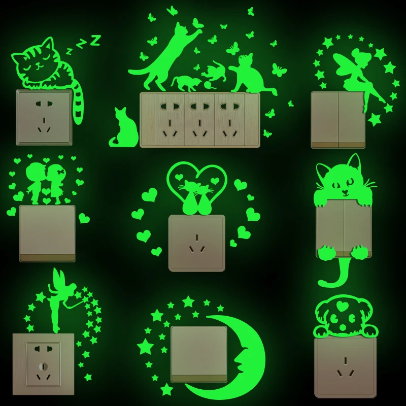 

Luminous Cartoon Switch Sticker Glow in the Dark Light Switch Sticker Luminous Wall Stickers Fluorescent Fairy Moon Stars Decor