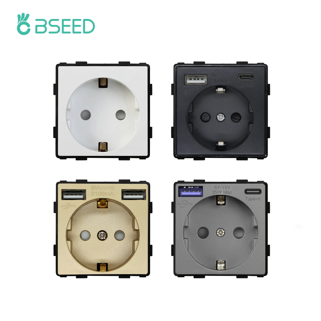 BSEED EU Standard Wall Power Socket USB Outlet Without Glass Panel DIY Function Parts Type-C Charge Port Part 110-250V 16A