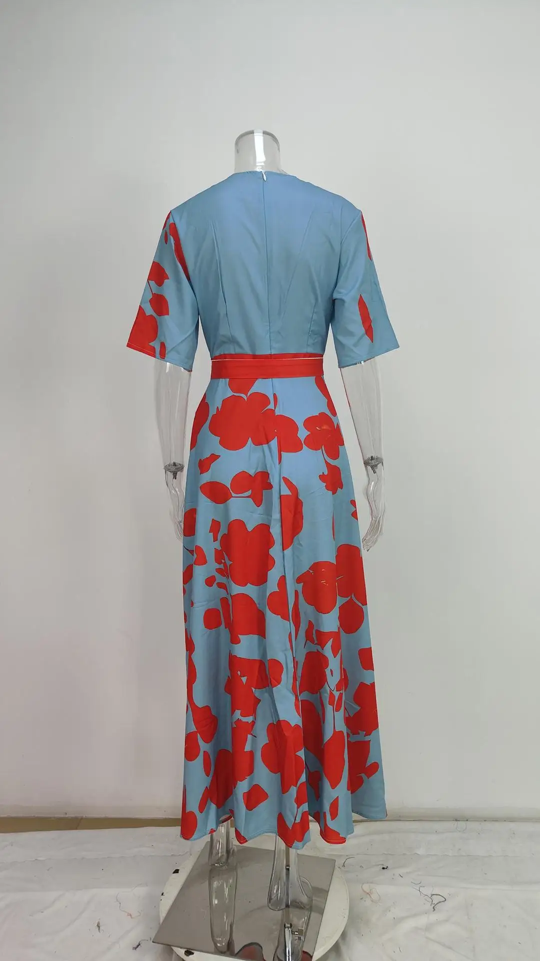 Frühling Sommer Frauen Mode V-ausschnitt Belted Party Langes Kleid Kurzarm Tasche Femlae Urlaub Übergroßen Lose Druck Maxi Kleider – Detail 10