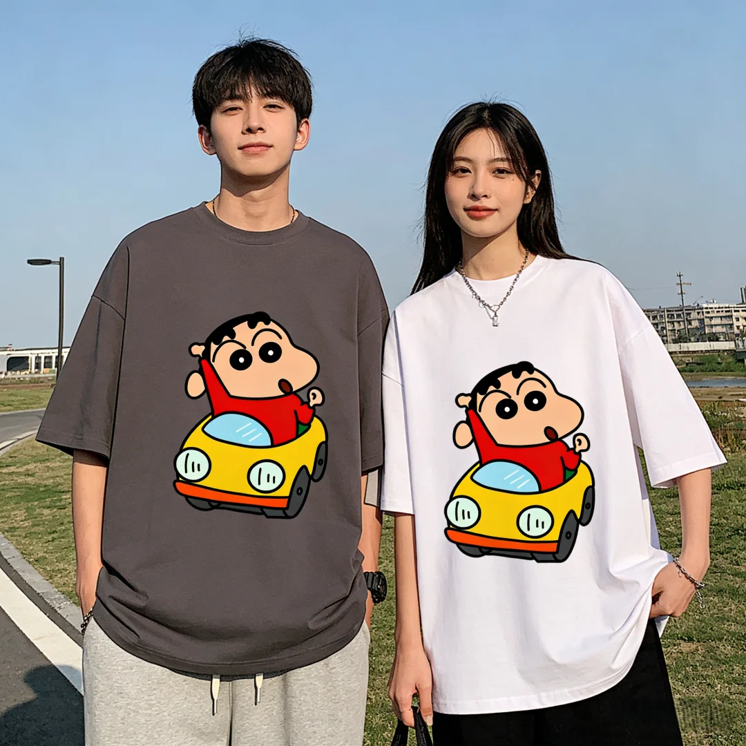 

2026 New Toy Car Shinchan Print Couple T-Shirts Cute Anime Cartoon Tees Casual Cotton Short Sleeve Tops for Men & Women Kids Top