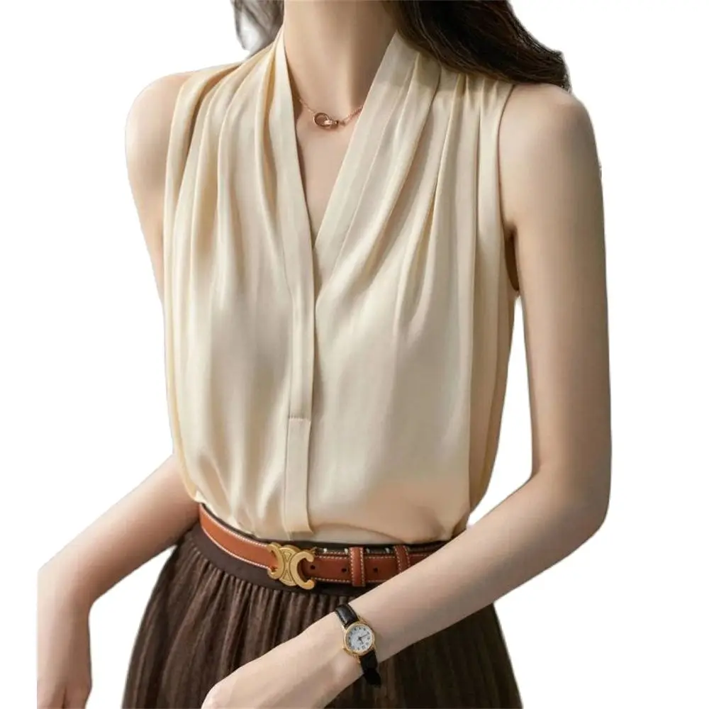 2024 Elegant Style Blouse Hanging Neck Style Suspended Tank Top Women's Commuter Simple Tops Loose V-neck Sleeveless Shirt