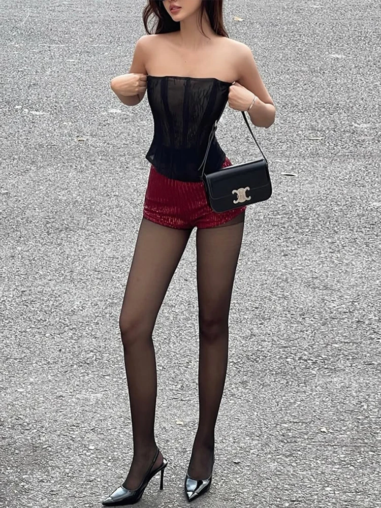 奇妙な小娘セクシーな 2 点セット夏の女性 Y2K メッシュストラップレストップス + ミニスパンコールショーツミッドナイトミッドナイト湯たんぽマッチングスーツ