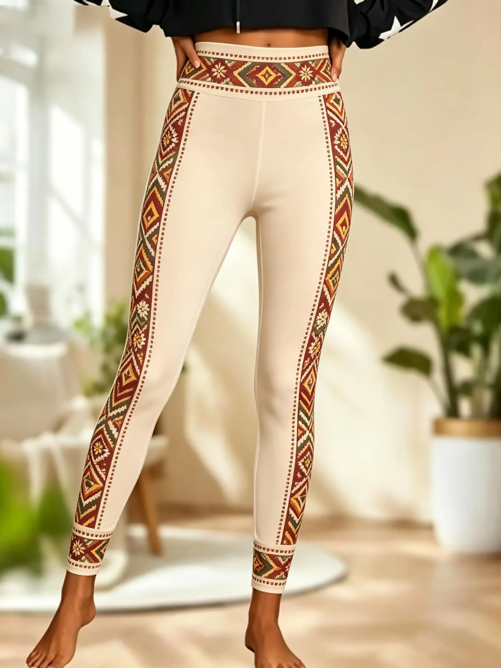 Women Fleece‑lined Mid‑rise Leggings Aztec Tribal Geometric Side Stripe Waist‑hem Border Print Slim Stretch Winter Casual Pants