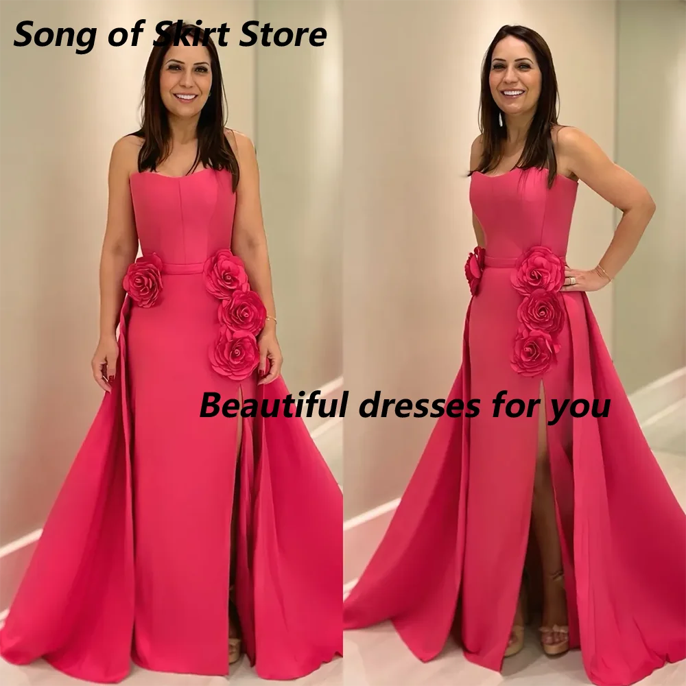 

Customized Chic Appliqued Mother of The Bride Dresses with Overskirts Strapless Wedding Guest Dress Split Long Evening Gowns