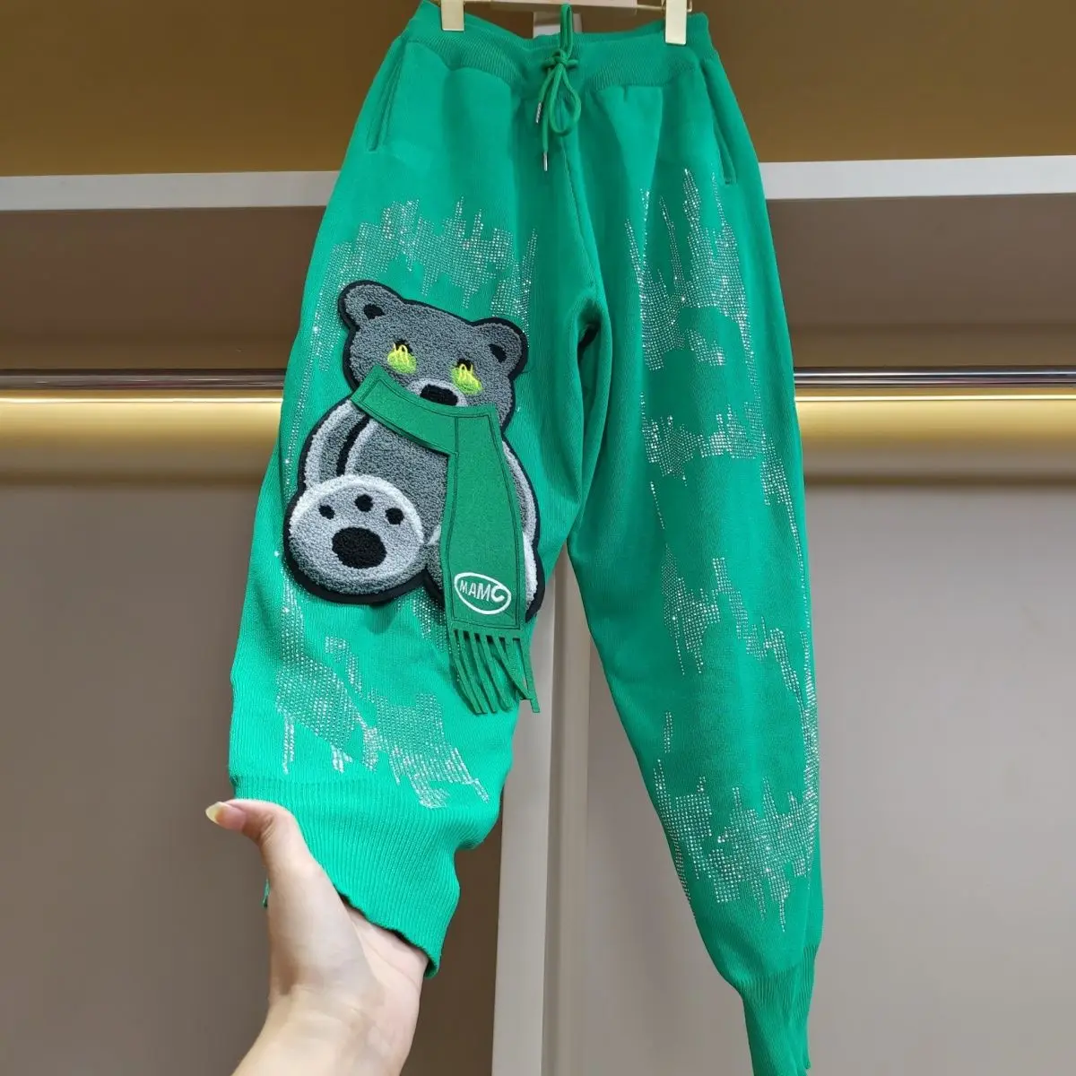 2023 New Spring Trendy Embroidery Cartoon Green Sweatpants Drawstring Elastic Waist Hot Drilling Streetwear Long Trousers