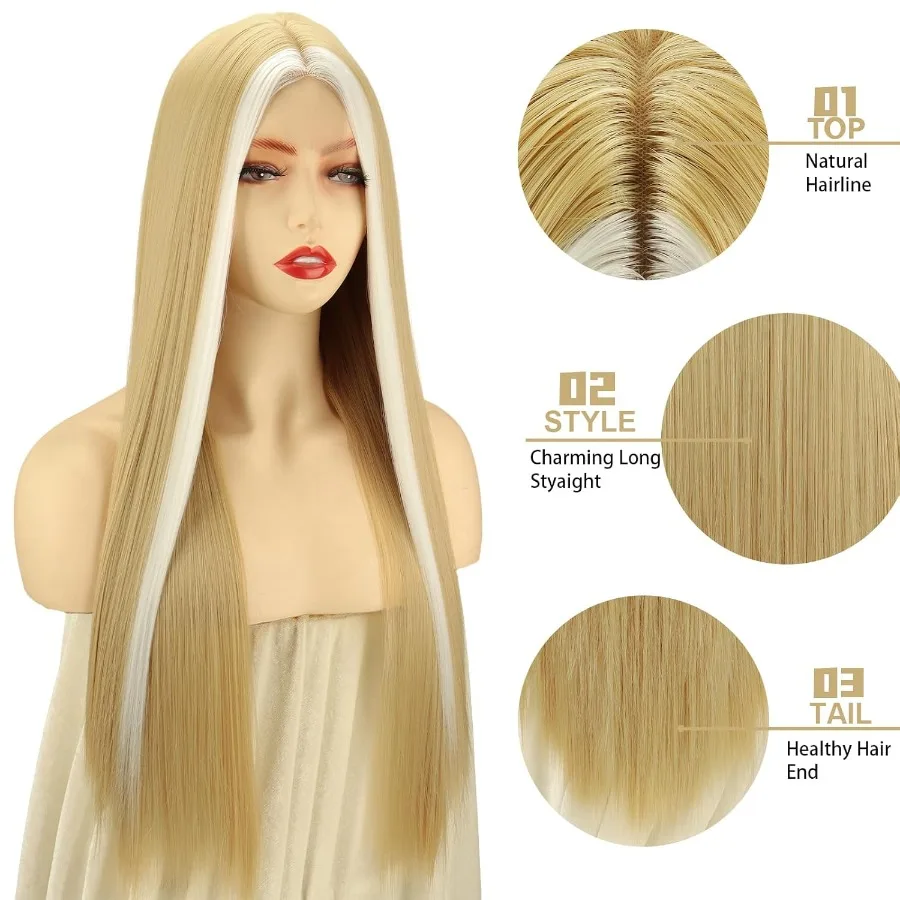 Pelucas rubias largas Xinran para mujer, Rubio claro y blanco con reflejos, peluca de encaje, línea de cabello de parte media, peluca completa sintética Natur