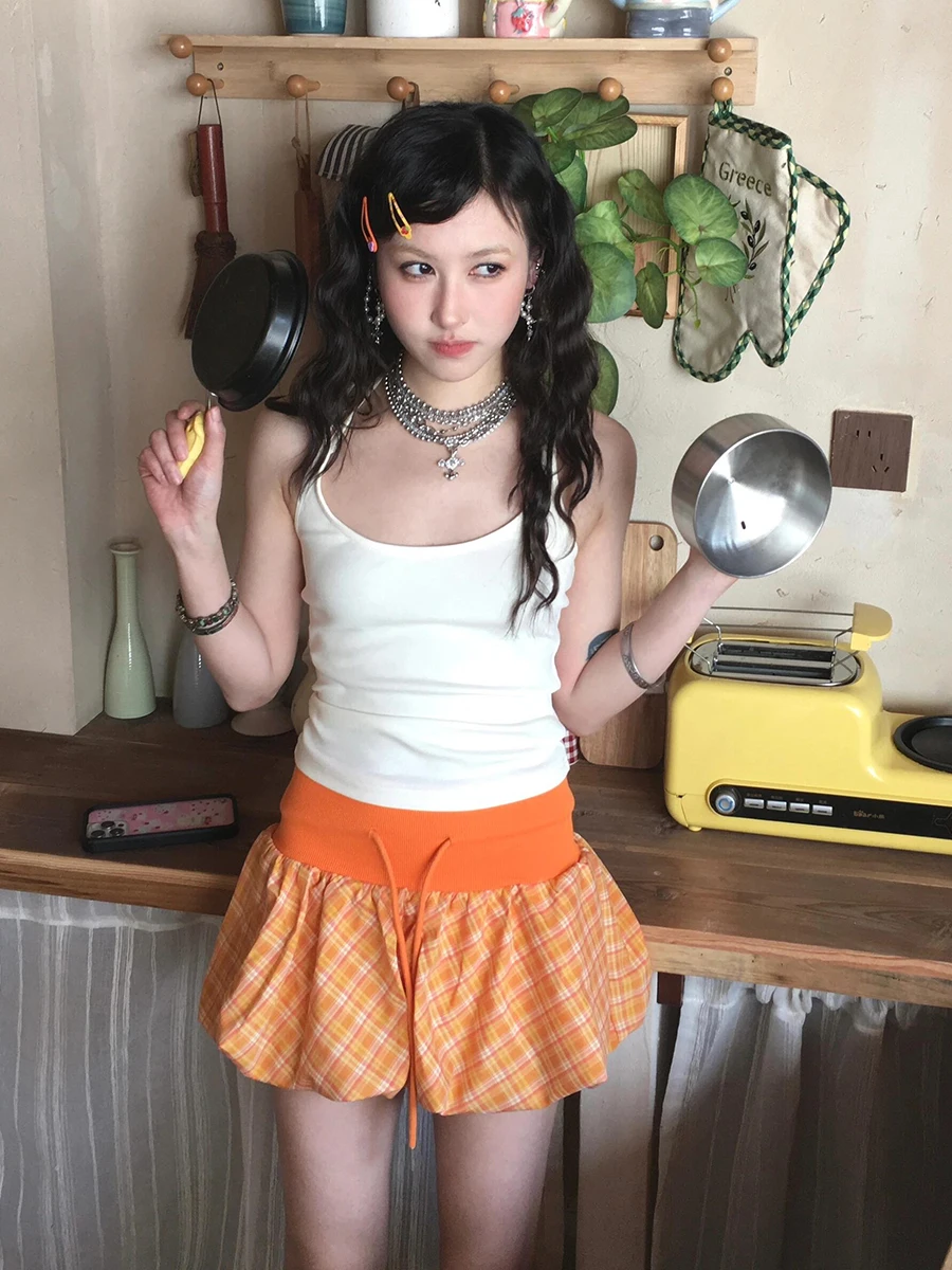 ReddaChic Tartan Plaid Skirt Top Set Y2k Star Racerback Knit Cami Drawstring Bud Liner Mini Skirt Casual Summer Women Clothes