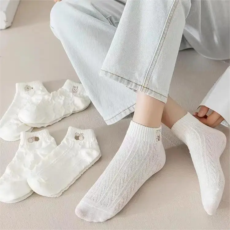 5 Pairs/Cartoon Japanese Socks Women's Sports White Short Socks Solid Color Autumn Women's Short Socks Cartoon Match Tide Socks