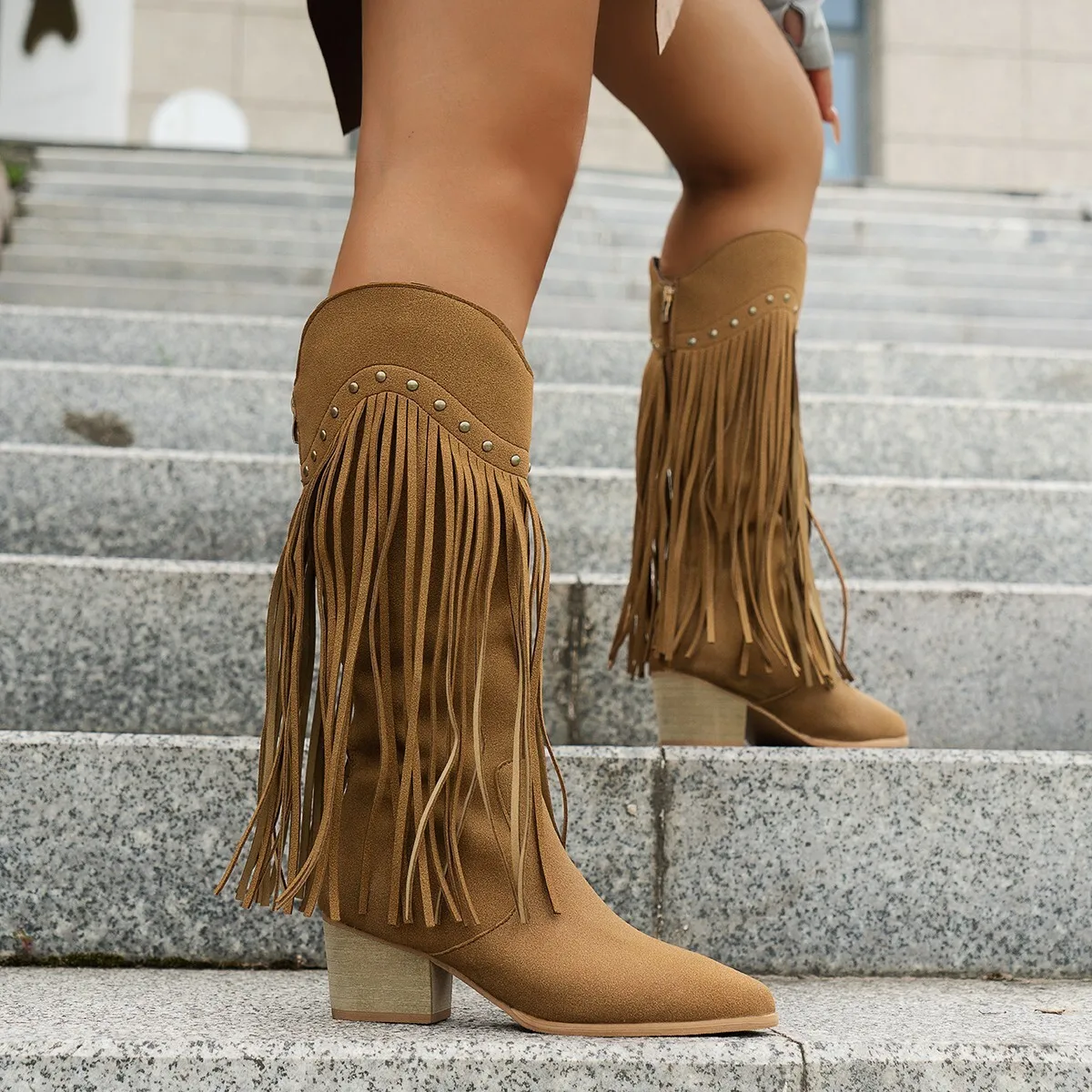 

Women's Knee High Boots 2025 Spring Autumn Suede Surface Pointed Thick Heel New Fringed Sexy Western Denim Fashion Boots